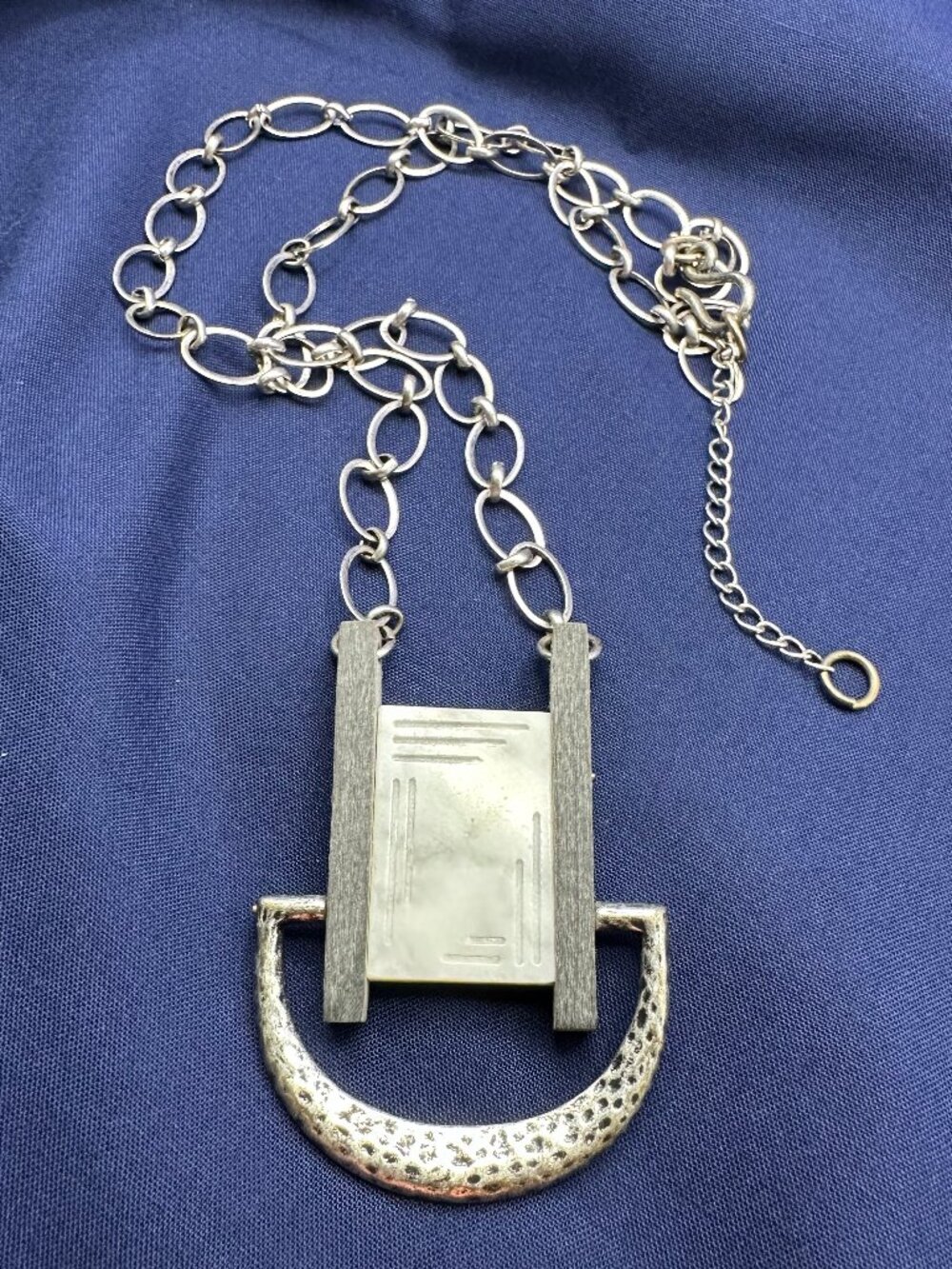 Long Marble & Wood Silver-Tone Necklace